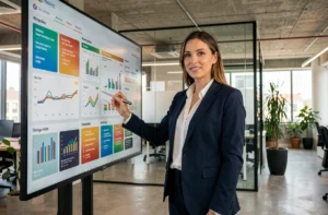 Femme professionnelle présentant des tableaux de bord d'analyses marketing sur un écran tactile dans un bureau moderne en 2024